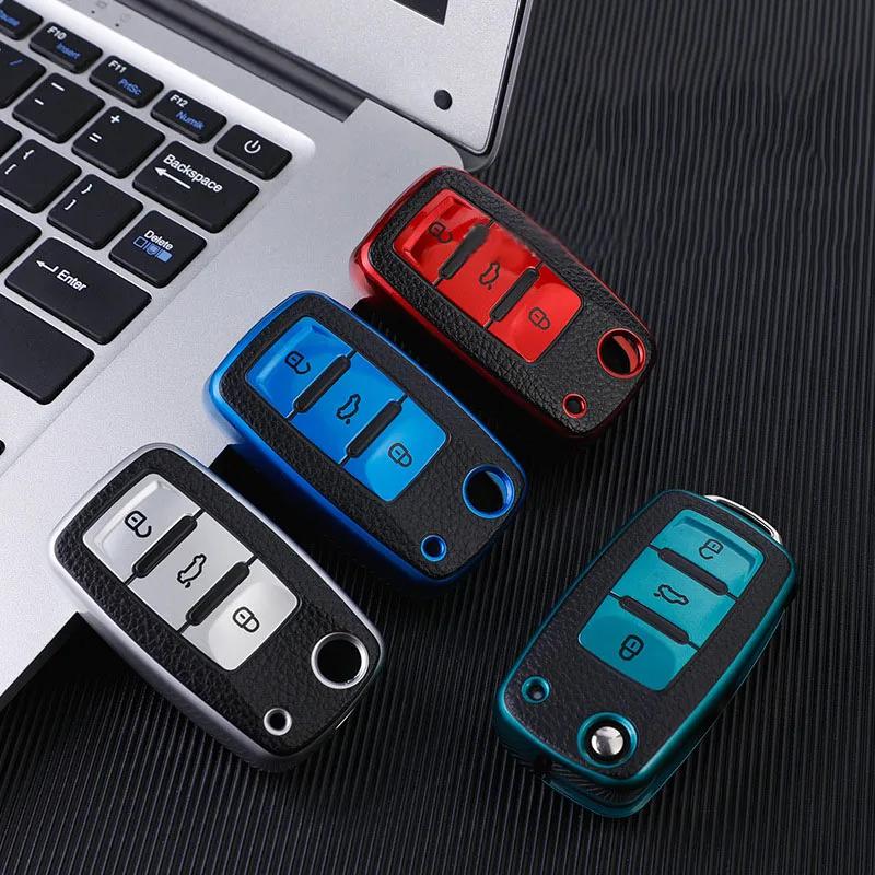 APRUB1 Leather Car Key Case Keys Full Cover Protection Shell Bag for VW Volkswagen Polo Tiguan Passat Golf Jetta Lavida Skoda Octavia