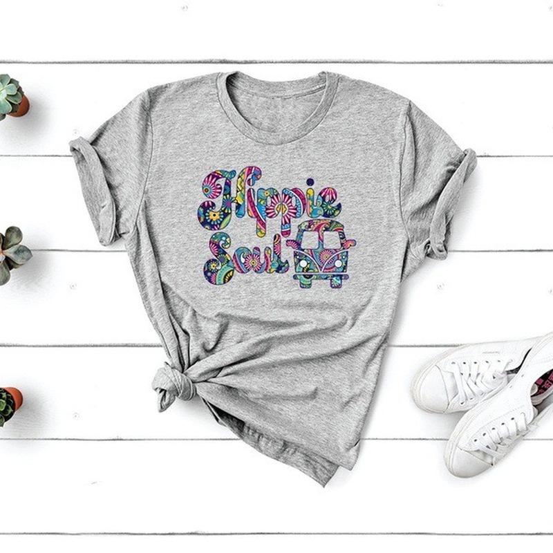 HIPPIE SOUL Футболка с принтом автобуса для женщин с коротким рукавом и круглым вырезом, свободная летняя женская футболка, топы, женские футболки