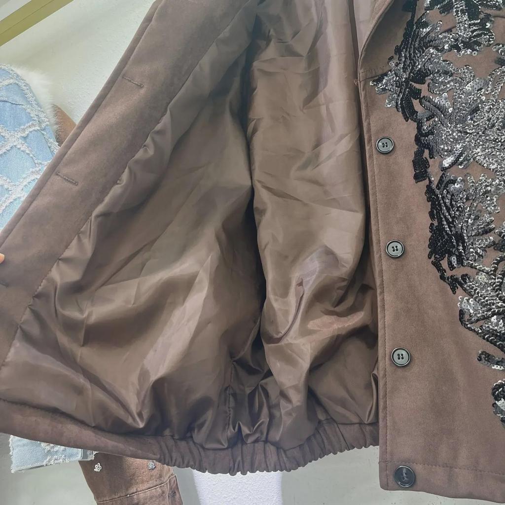 2024 Women's Brown Leather Jacket with Heavy Sequin Embroidery - Cool Motorcycle Style