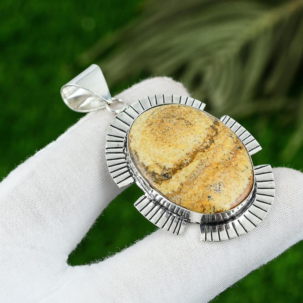 Sterling Silver Oval Picture Jasper Stone Wife Engagement Anniversary Pendant