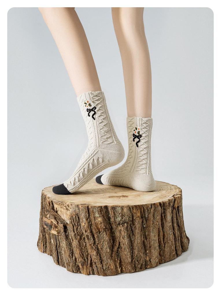 Женские носки до середины икры с цветочным принтом и бантом - 5 пар, ретро и трендовый дизайн в стиле колор-блок