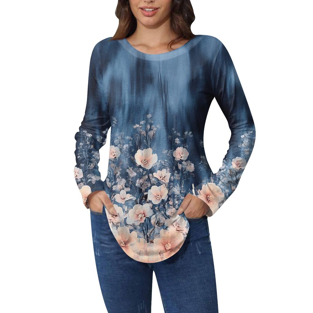 Рубашки для женщин Милые винтажные узоры с принтом Футболка с длинным рукавом Туника Топы Хлопковые пуловеры