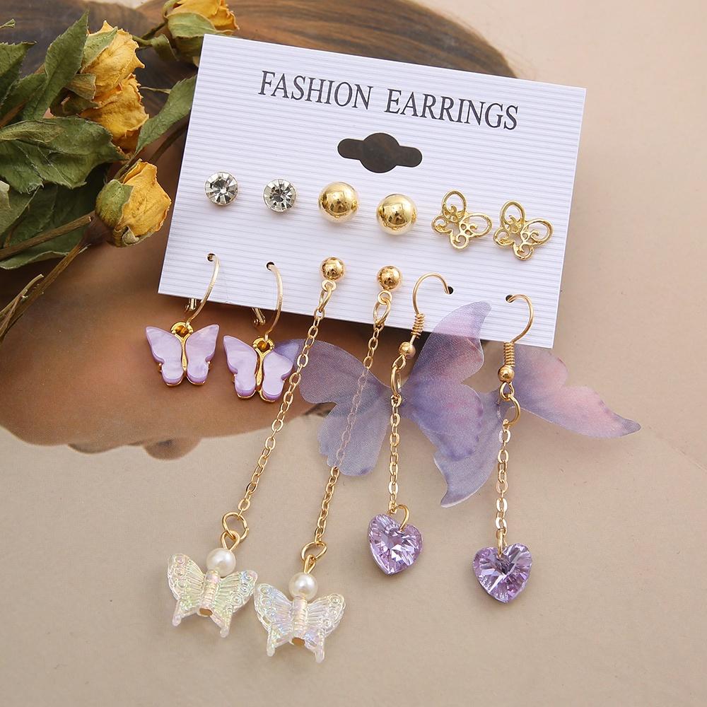 IF ME Fashion Resin   Earrings Set Checkerboard Heart Crystal Butterfly  Earring Women Jewelry Accessories