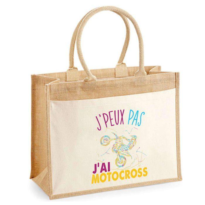 Sac de plage - PLANETEE - Jute avec poche Motocross J'peux pas - Coton - 43x33 cm - Anses bandoulière