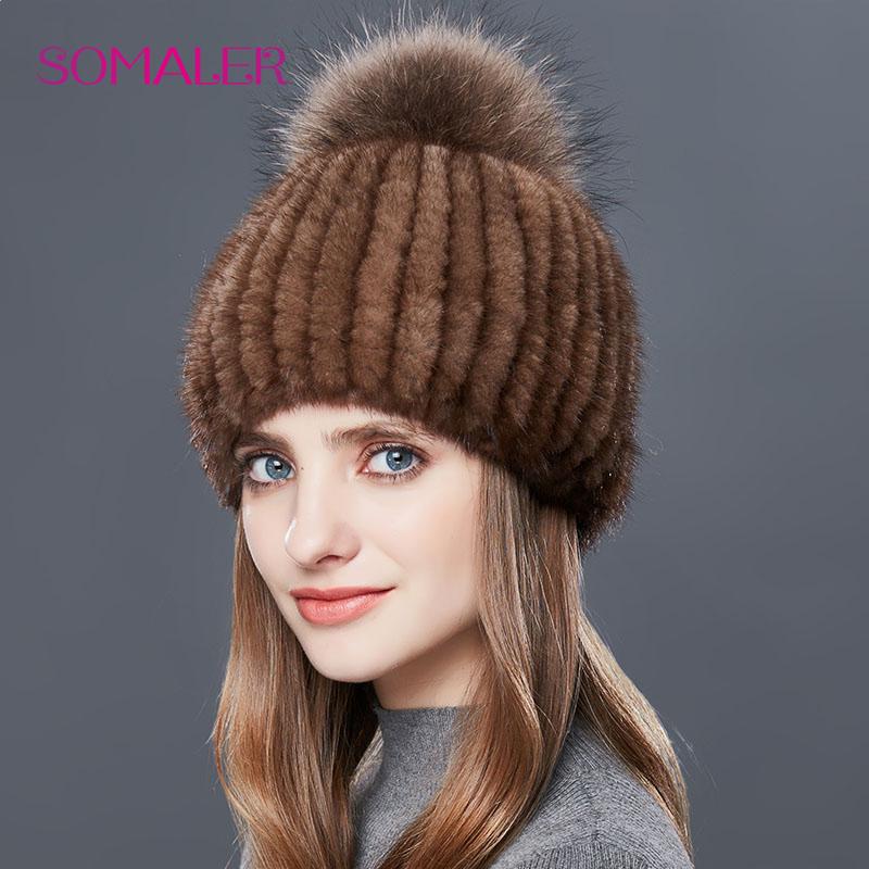 SOMALER Real Mink Fur Hat Female High Quality Thick Warm Winter Hats For Women Fashion Luxury Fur Pompom Beanies