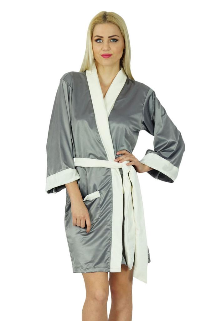 Bimba Women Short Satin Robe Velvet Belt Getting Ready Bridesmaid Robe