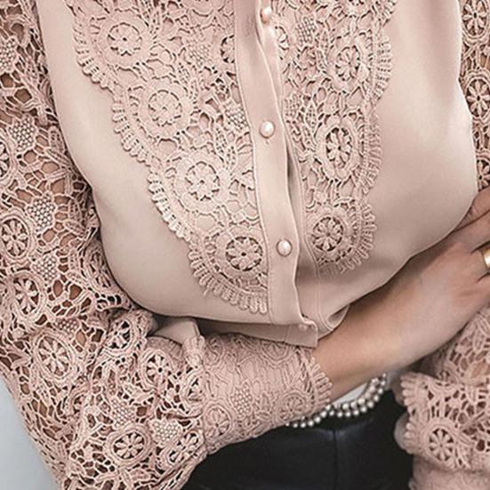 Женская рубашка, однотонная кружевная лоскутная весенняя однобортная офисная женская блузка с воротником-стойкой