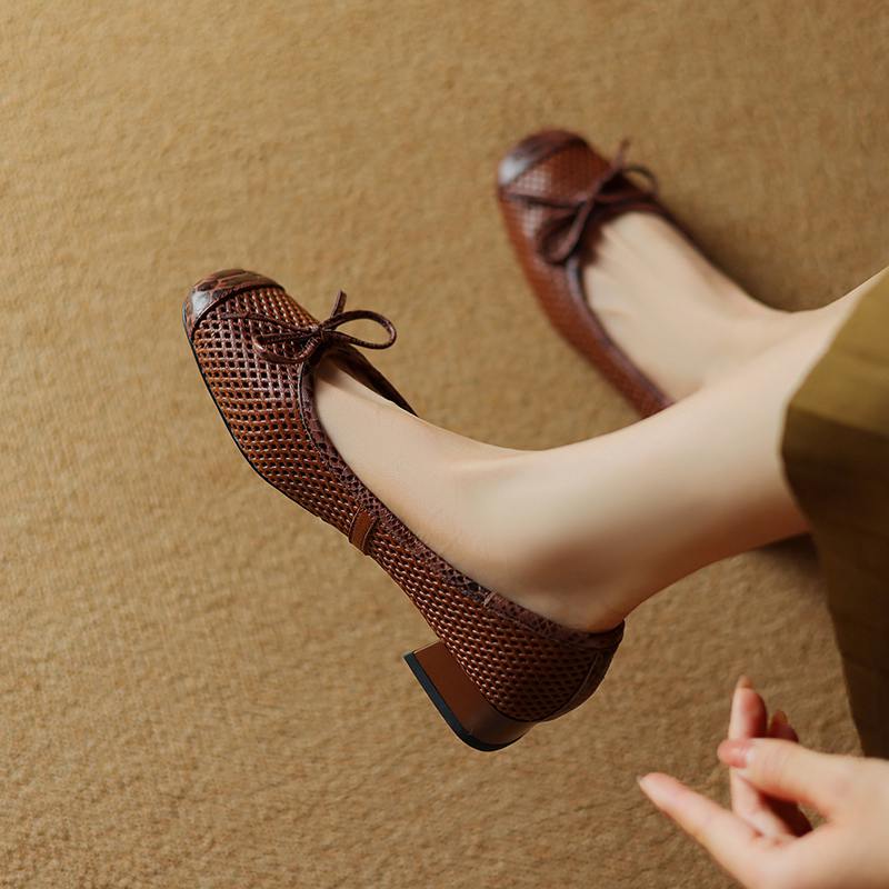 Krazing Pot Natural Leather Spring Summer Size 41 Thick Low Heels Women Square Toe Hollow Decoration Breathable Slip On Pumps