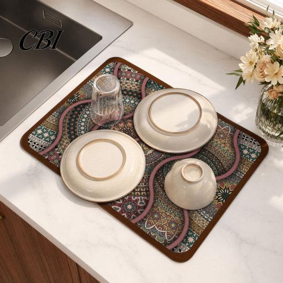 Machine Washable Drying Mat Bohemian Dish Mat, Super Absorbent Diatomaceous Earth Drainer Kitchen Sink Non-Slip Colorful Ethnic Heat Insulation
