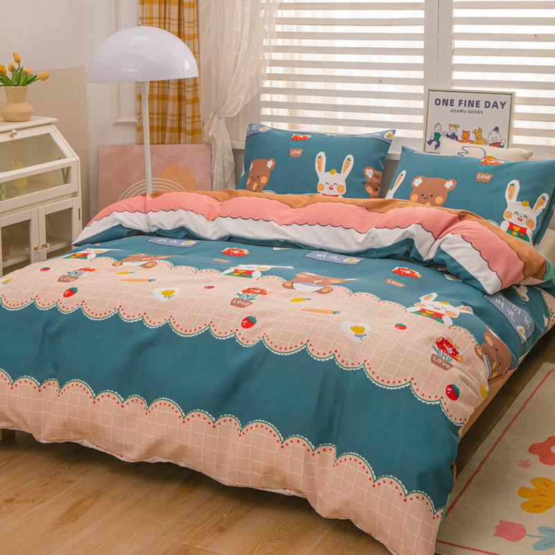 Cartoon Animal Rabbit Bear Duvet Cover Girls Strawberry Floral Bedding Set Reversible Kawaii Comforter Cover With 2 Pillowcase