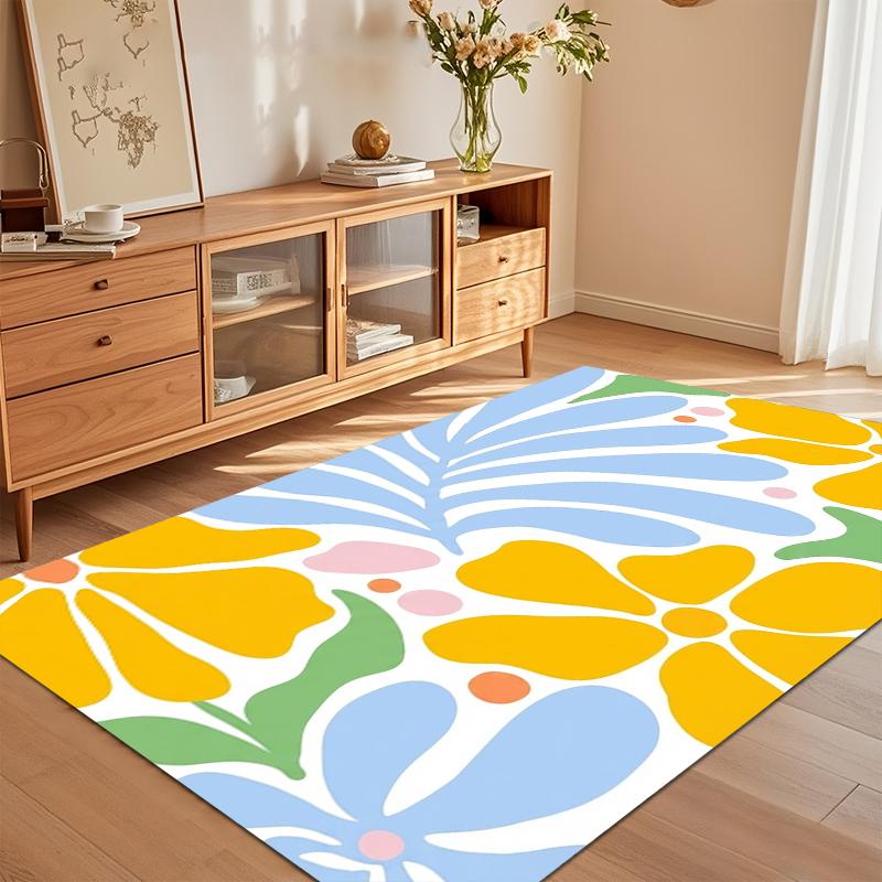 Yellow Blue Abstract Floral Area Rug for Living Room Bedroom Playful Modern Eco-Friendly Home Decor Non Slip Washable Floor Mat