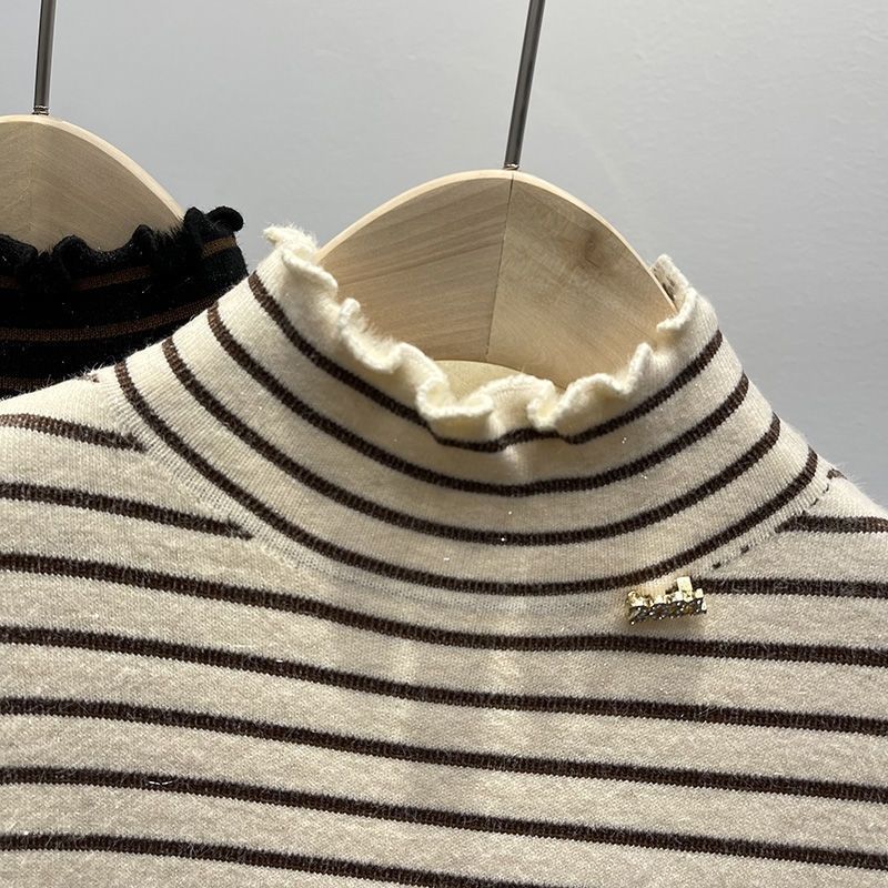Осень Зима Утепленный Флисовый Пуловер Элегантный С Длинным Рукавом Топы для Внутренней Носки Новый Стиль Полосатые Теплые Повседневные Топы Женские 2025