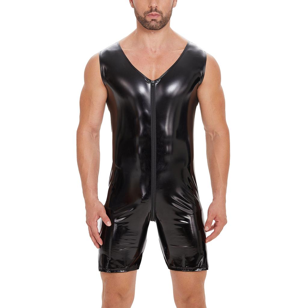 Men Sleeveless Patent Leather Jumpsuits Wet Look Zipper Crotch Glossy Bodysuit Lingerie Club Pole Dancing Costume Black Clubwear