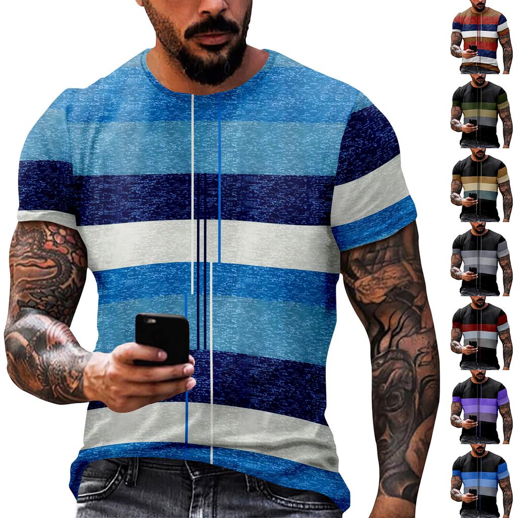 Fashion Striped Print - Men's Casual Round Neck Short Sleeved T-shirt