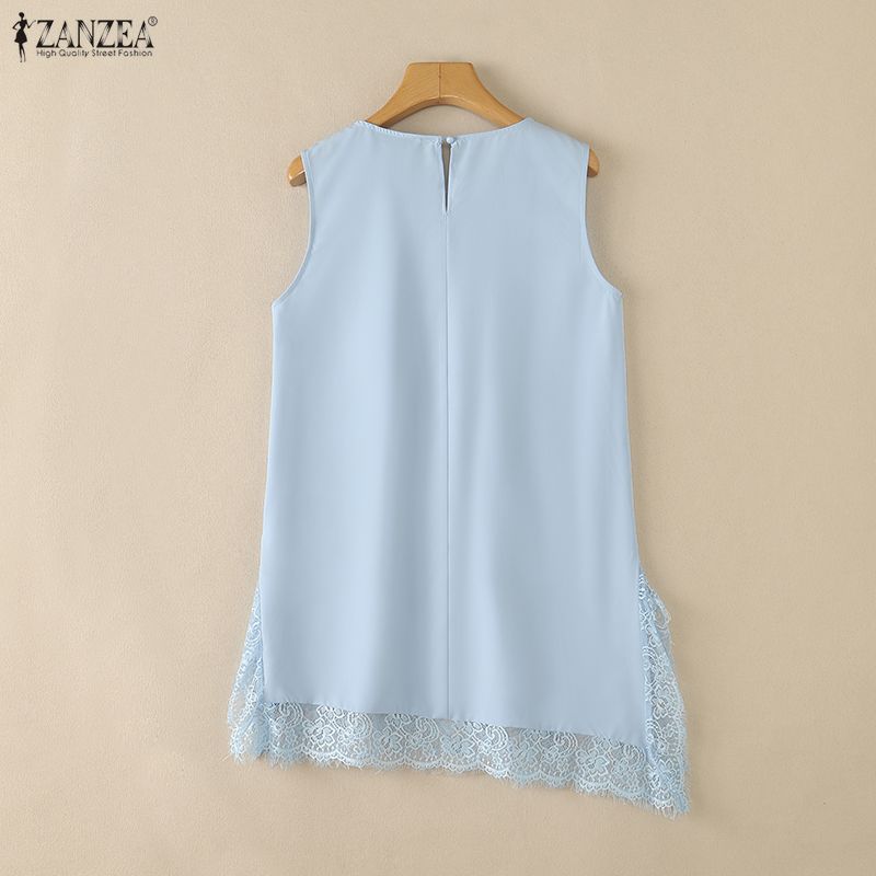 ZANZEA Женские повседневные летние майки с круглым вырезом без рукавов, с кружевной вставкой