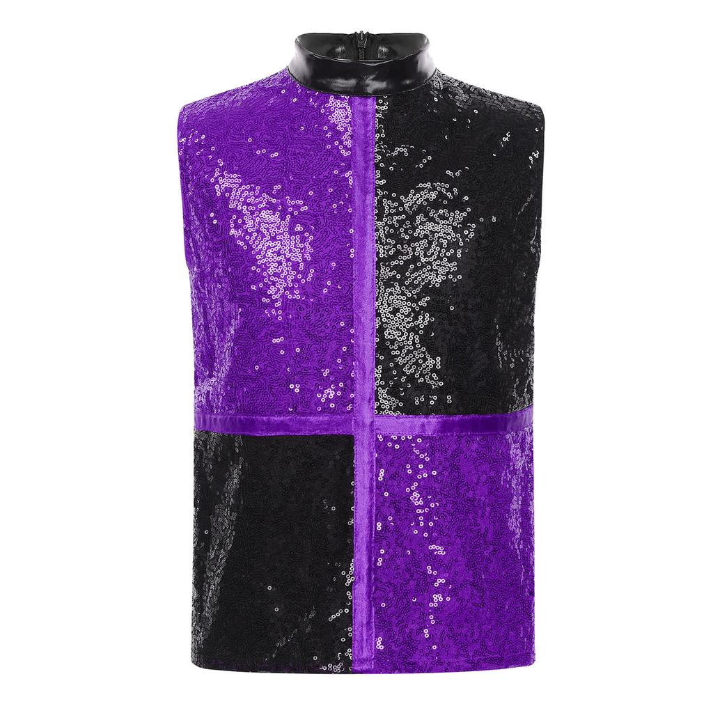 Boys Jazz Dance Top Mock Neck Sleeveless Back Invisible Zipper Shiny Sequins Color Block Stage Costume