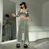 Стильный и сексуальный осенне-зимний теплый женский комплект: куртка с капюшоном из бархата под серебристую лису с открытым пупком и талией, брюки на кулиске