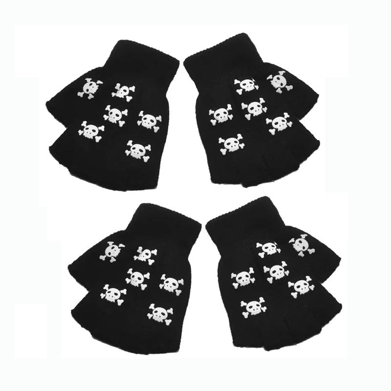 Luminous Halloween Skeleton Skull Gloves Punk Half Finger Gloves Winter Unisex Skull Fingerless Knitted Mitten Glow In The Dark