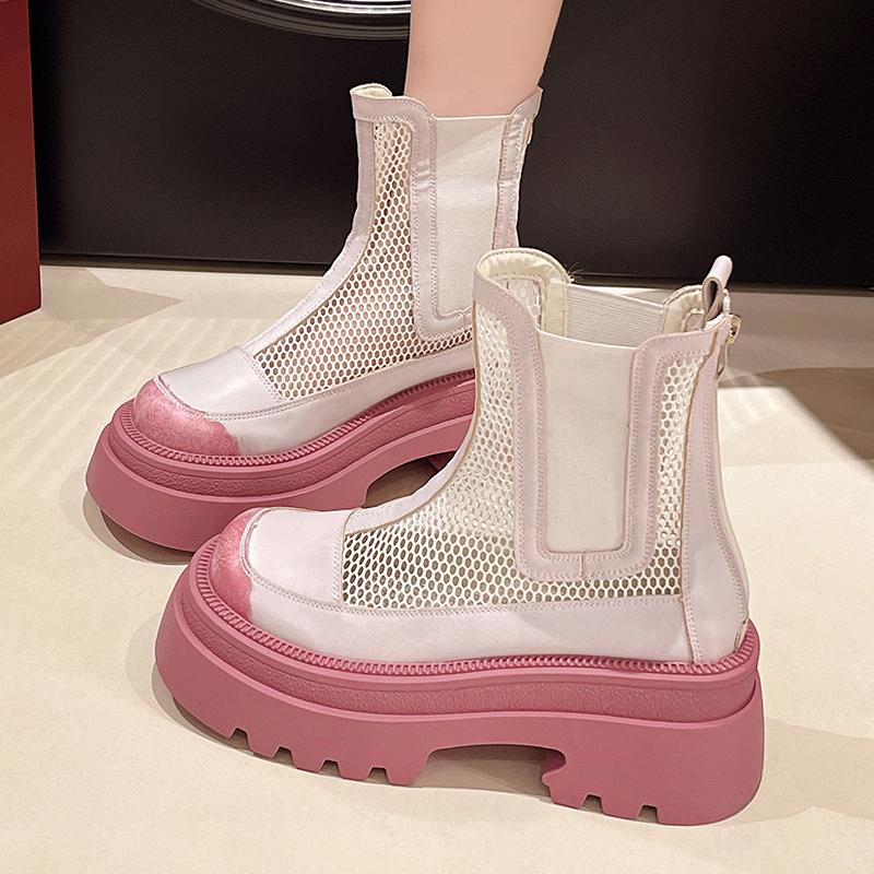 Модные женские летние сапоги Martin Hollow, тонкие дышащие сетчатые сапоги 2024 года, новые сетчатые красные сапоги с толстой подошвой и высокой посадкой