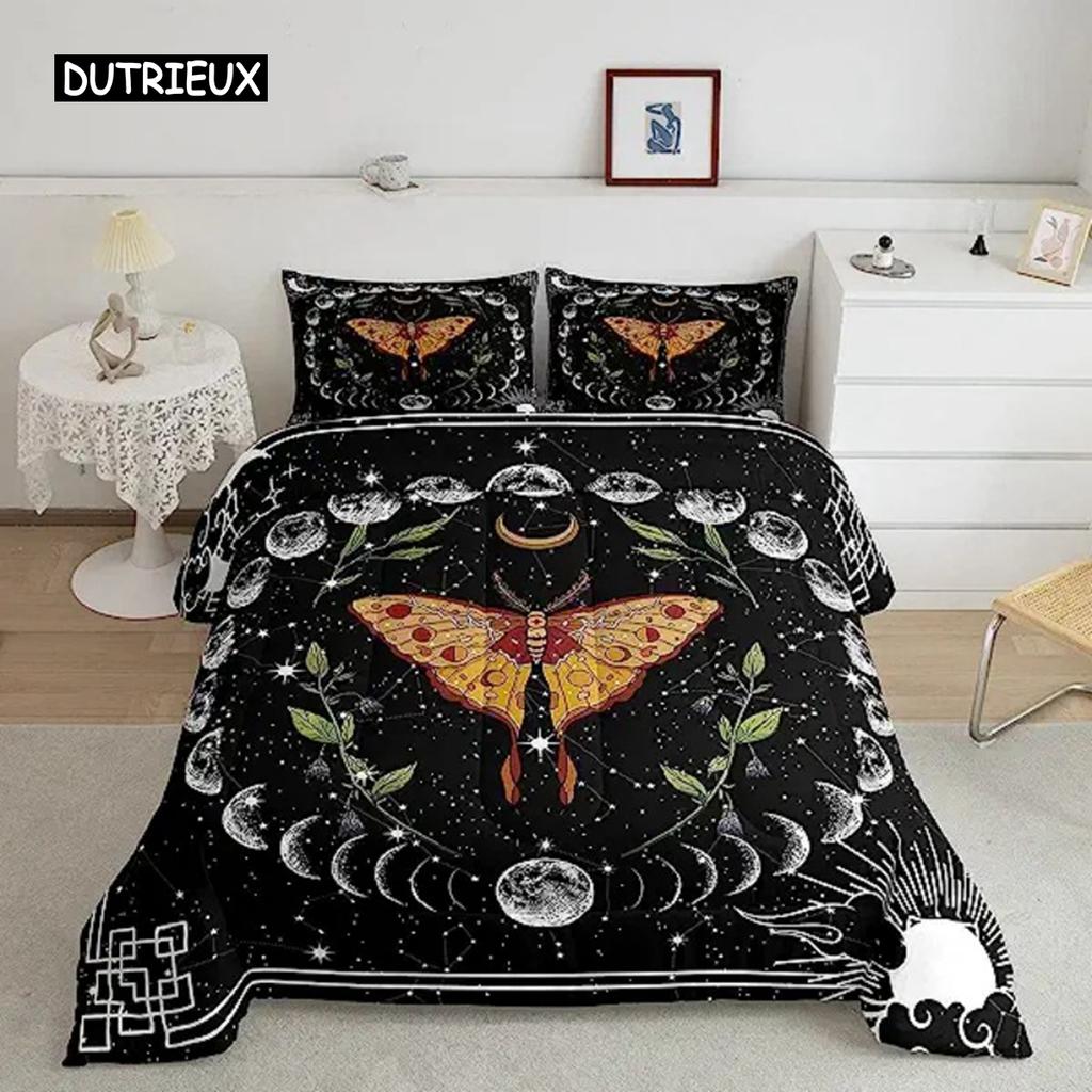 Boho Moth Duvet Cover Gothic Skull Bedding Set for Girls Women Bedroom Decor Moon Star Personalized Moth Skull Skeleton Bones