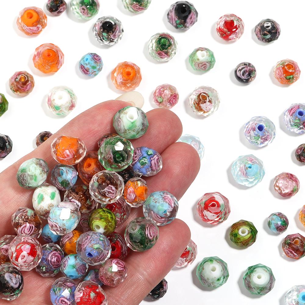 10pcs/lot 8 10 12mm Colored Faceted Lampwork Beads Flower Pattern Loose Spacer Abacus Glass Bead For DIY Charms Bracelet Earring