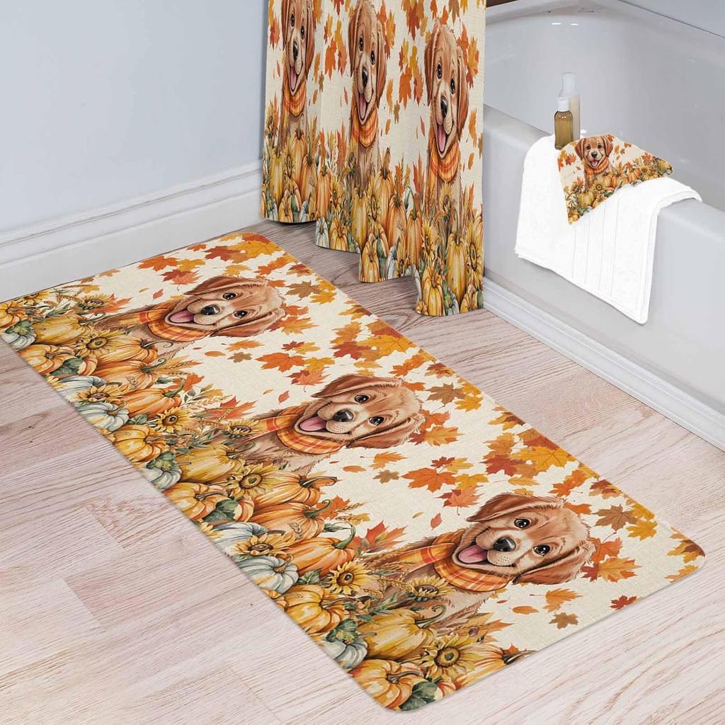 Thanksgiving Pumpkin Dog Kitchen Mat Fall Maple Leaf Sunflower Welcome Doormat Bedroom Balcony Hallway Non-slip Rug Autumn Decor