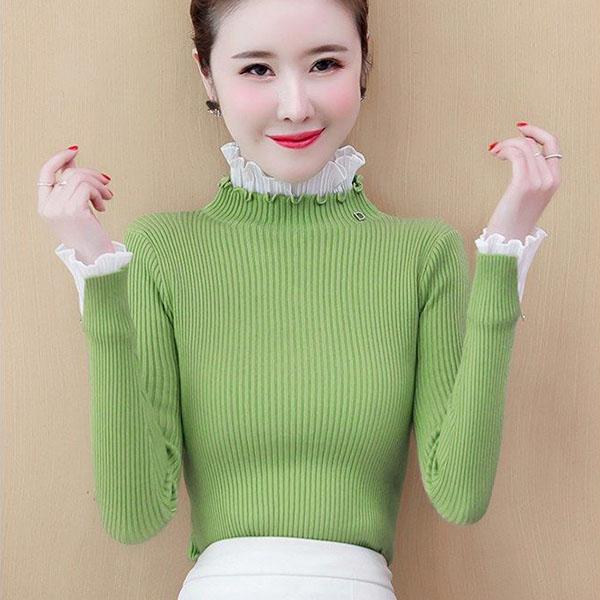 Водолазка с оборками, нижний свитер, женский весенне-осенний утягивающий пуловер из двух частей, свитер с кружевными оборками, вязаный свитер, топ