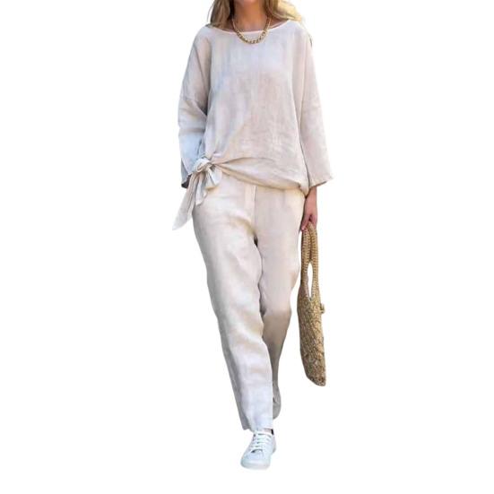 2 шт./компл. Женский костюм топ и брюки однотонный с длинными рукавами и круглым вырезом