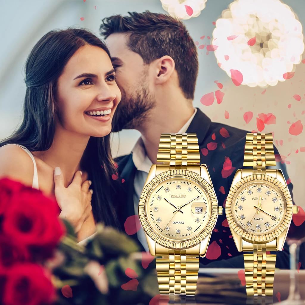 Gold Simple Stylish Diamond Analog Display Stainless Steel Calendar Waterproof Gold Pair Watch Pair Watch Quartz Leisure Business Couple Fashion