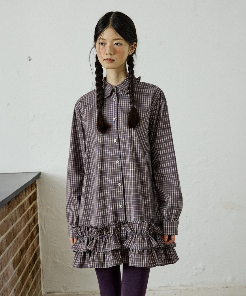 Hocus Pocus Plum Check Frill Shirt Dress_Purple