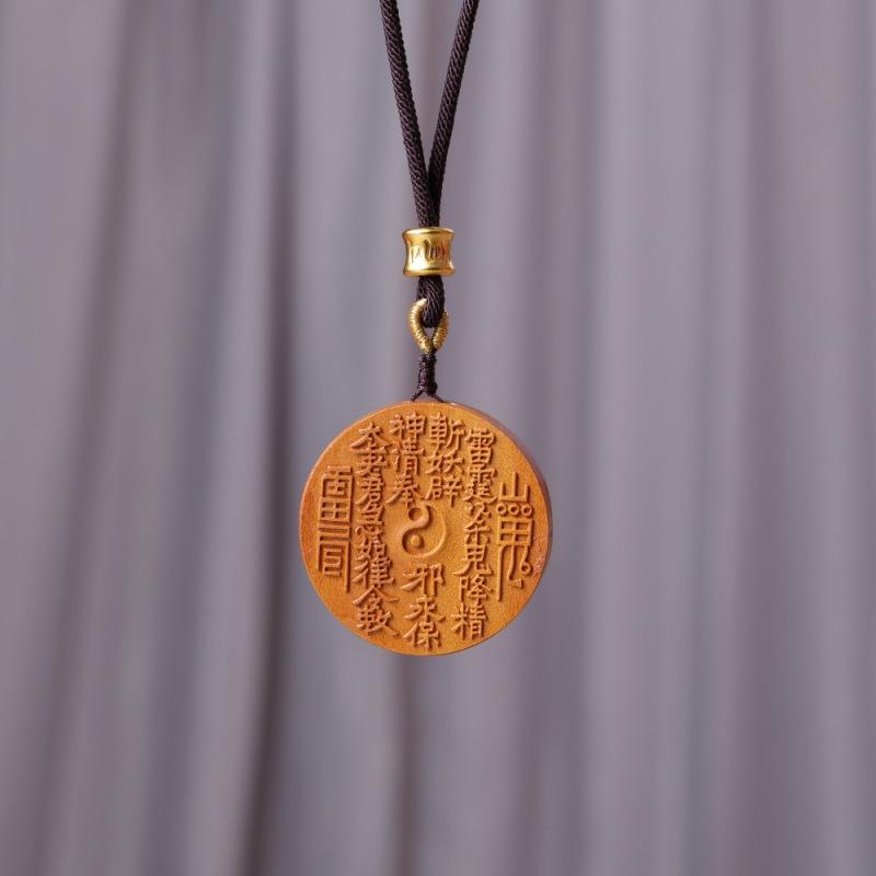 Jujube Wood Carved Mountain Ghost Necklace with Bagua Buckle and Seven Star Coin Pendant