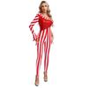 Womens Christmas Jumpsuit One Shoulder Flared Sleeve Shiny Sequin Pompom Trim Unitard One Piece Bodysuit