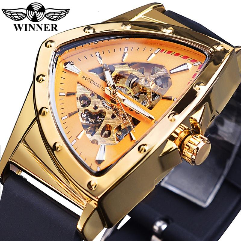 WINNER Triangle Automatic Military Wristwatch With Luminous Pointers Sport Style Men's Watches Transparent Skeleton Mechanical Watch