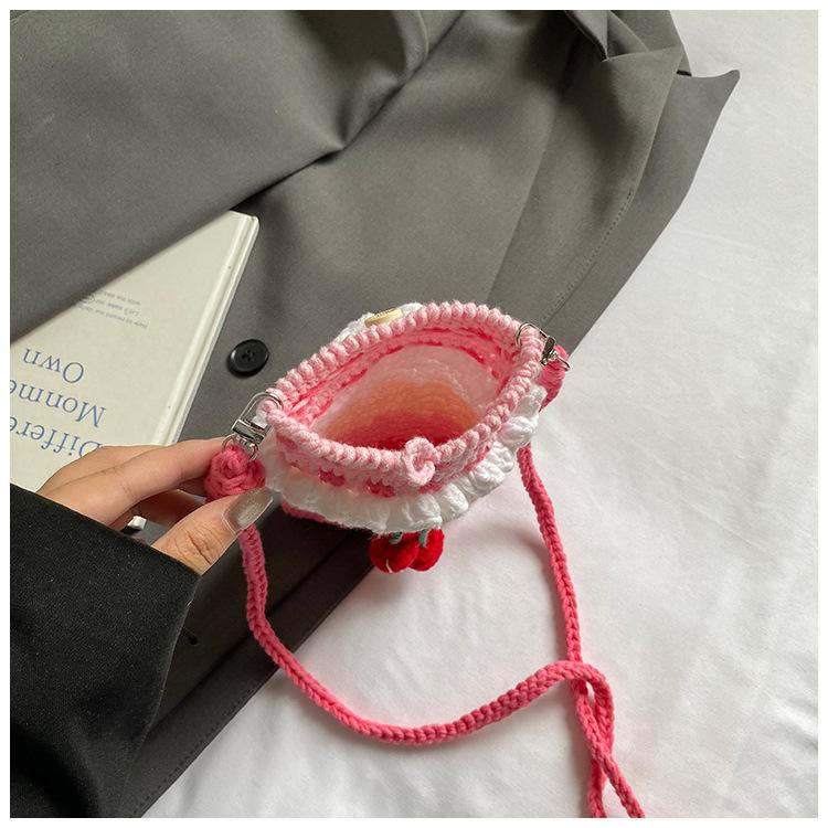 Handmade Crochet Cherry Phone Bag, Cute Pastel Knitted Crossbody Purse For Girls, Mini Drawstring Single Shoulder Pouch