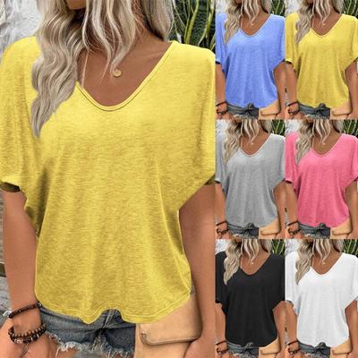 2024 Новая европейско-американская футболка свободного кроя с V-образным вырезом и плиссировкой, с короткими рукавами, конфетных цветов