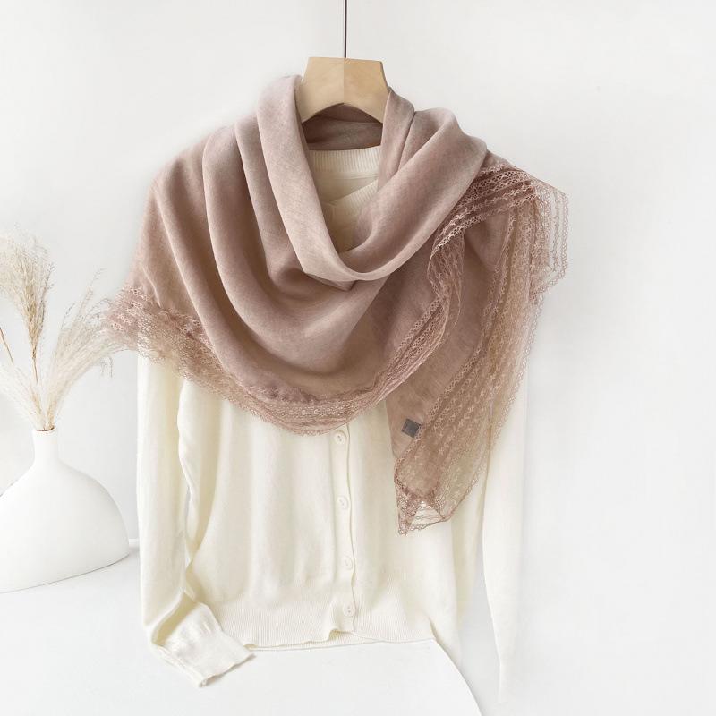 Solid color lace edge square scarf cotton and linen thin scarf women's summer outer shawl high-end silk scarf yarn