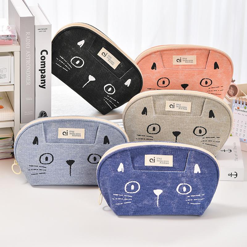 Милая сумка-пенал с изображением мультяшного кота Джинсовая сумка для канцелярских принадлежностей Студенческая сумка для хранения школьных принадлежностей Многофункциональный пенал