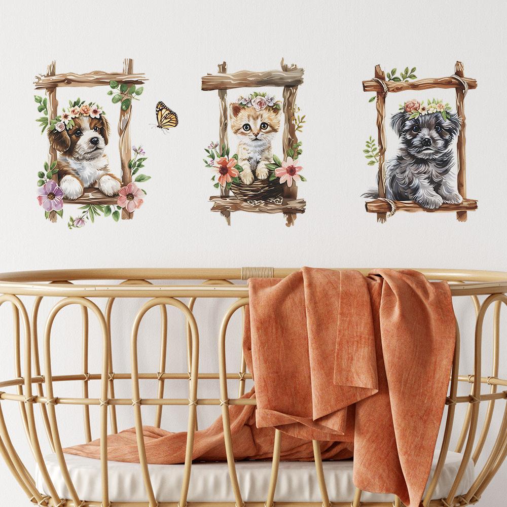 Мультяшный Кот Собака Триптих Рамка Наклейки на Стену Набор Самоклеящиеся для Детской Комнаты Настенный Декор