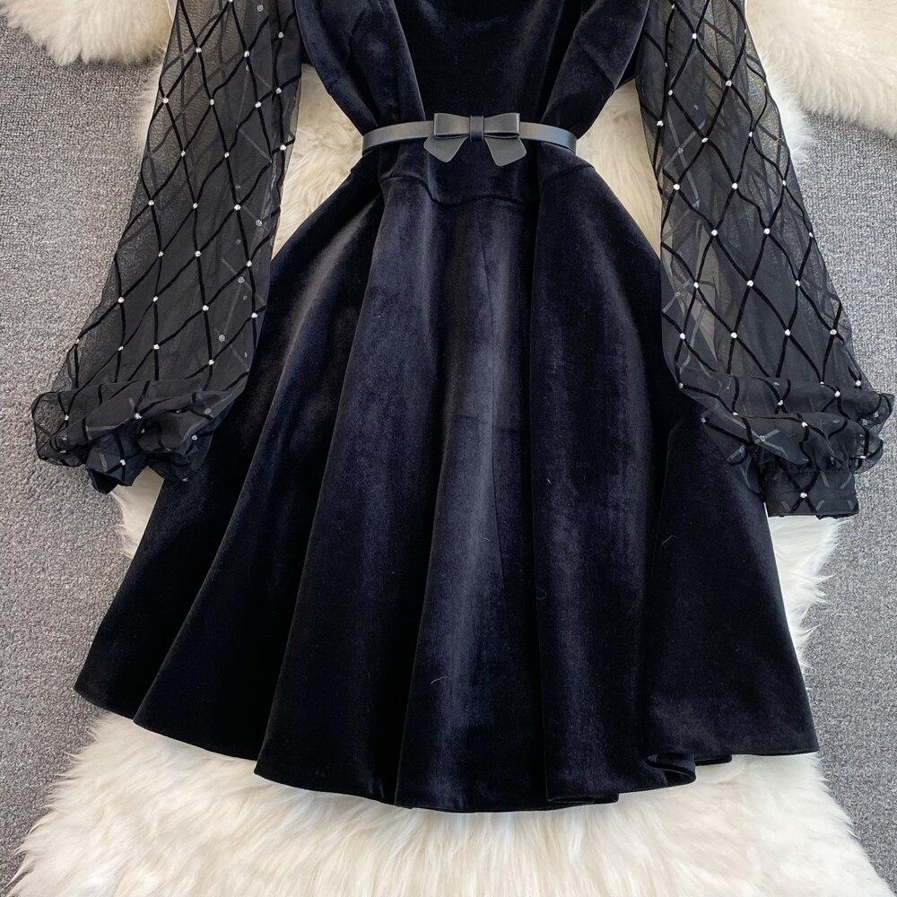 Осенне-зимняя французская ретро-темпераментная бархатная юбка с квадратным воротником и марлевыми рукавами, тонкая бархатная юбка с талией