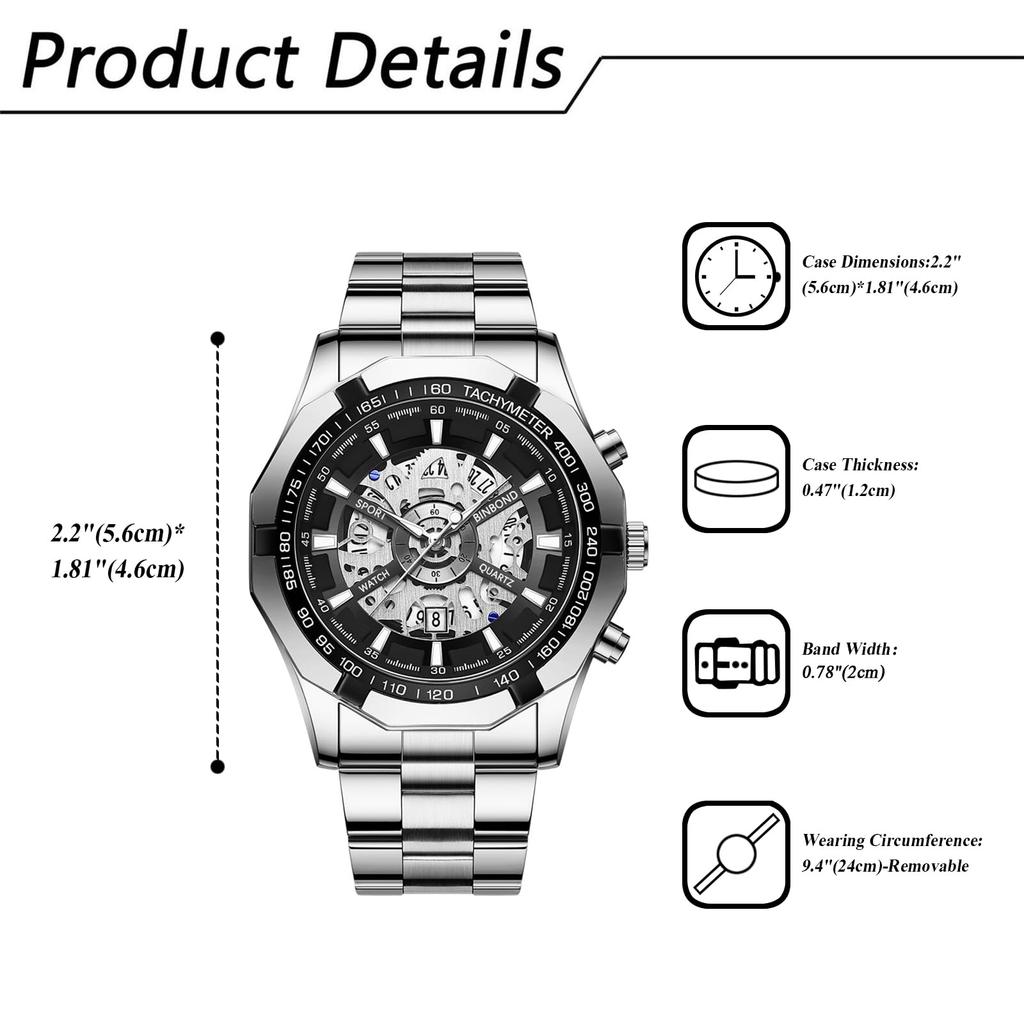 Silver Watch with 3ATM Water Luminous Analog Stainless Stylish Quartz Fashion Accessory Perfect for or As a Boyfriend Gift Men's Calendar, Resistance,