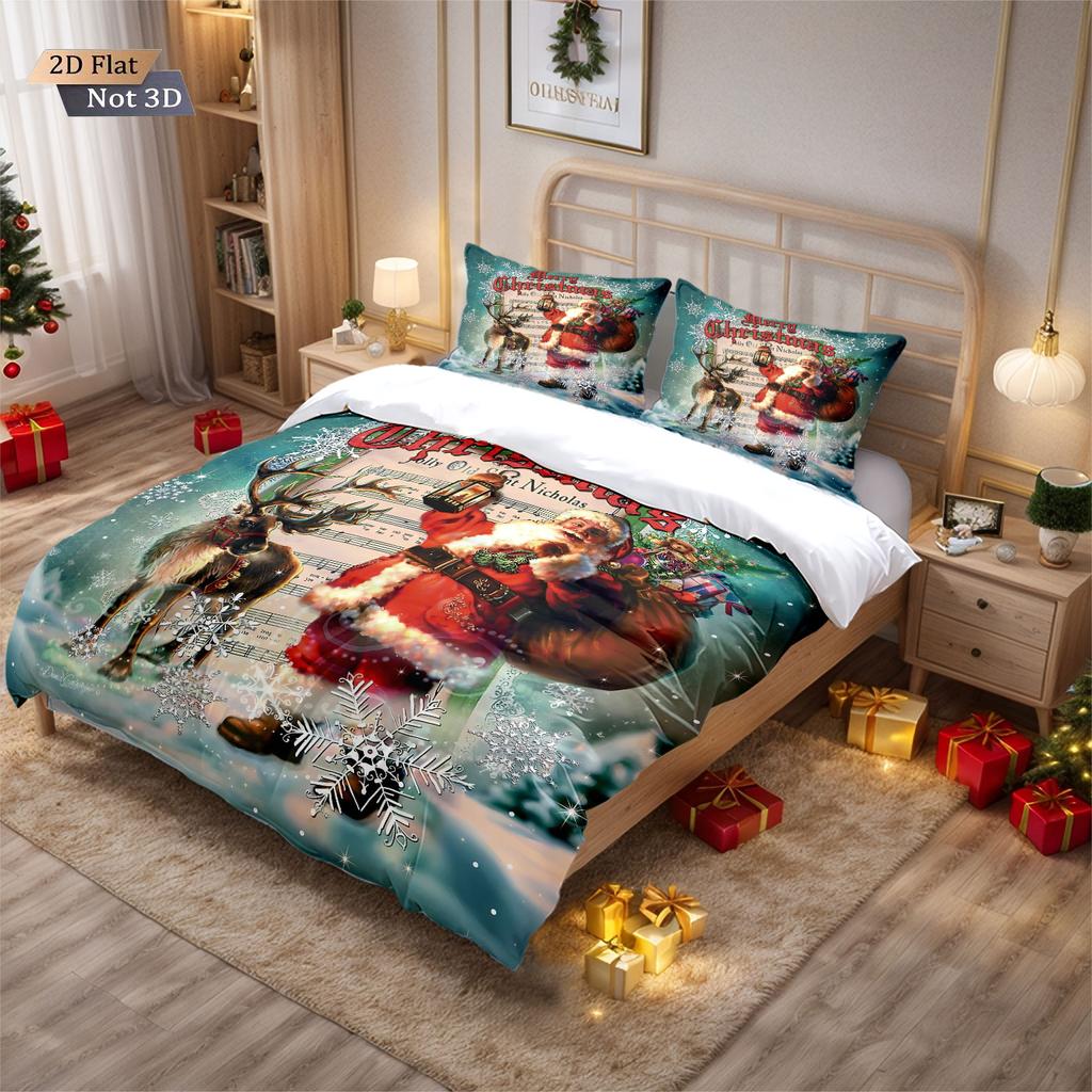 3pcs Santa Claus Print Coreless Duvet Set, Multi Size Bedroom, Dormitory Bedding, Holiday Decoration, Machine Washable