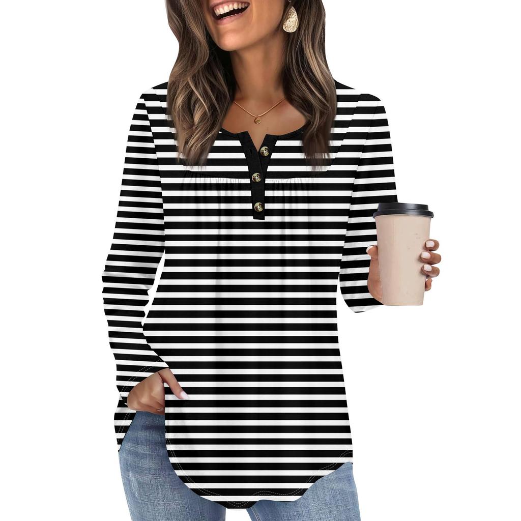 Женская туника с длинным рукавом, свободные топы, повседневные топы оверсайз, плиссированная туника, застегивающаяся на пуговицы, повседневные женские топы с принтом