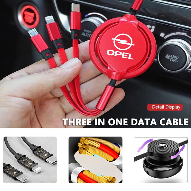 Автомобильный выдвижной кабель 3 в 1 Micro Data USB Type C для быстрой зарядки для Opel ADAM ASTRA J K CORSA E INSIGNIA MOKKA VIVA Meriva
