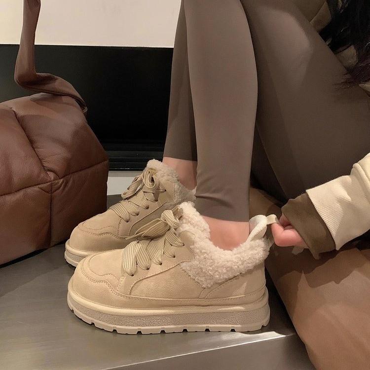 Зимний Стиль Женские Ретро Ботинки на Шнуровке с Круглым Носком на Низком Плюшевом Толстом Каблуке Модные Дизайнерские Женские Вулканизированные Туфли