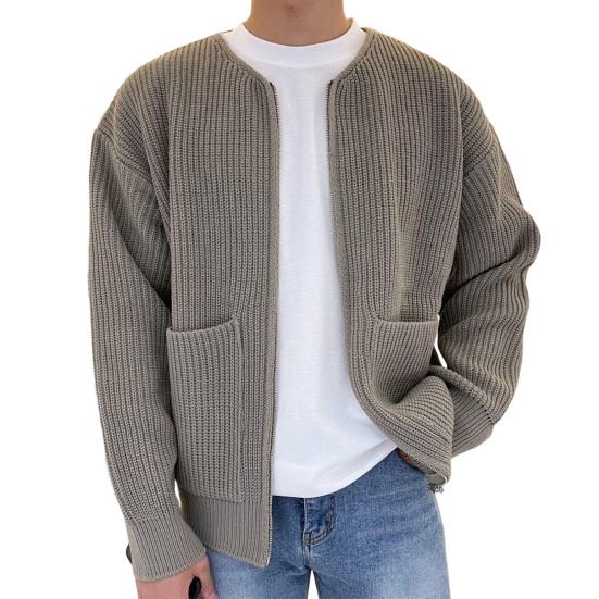 Men Cardigan Sweater Solid Color Full Zip Up Casual Sweater Warm Knitwear Jacket with 2 Front Pockets for Autumn And Winter