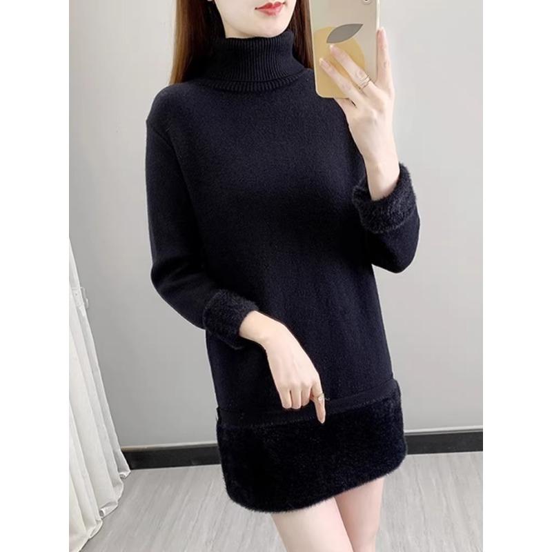 Зимний новый флисовый утолщенный термобелье базовый слой свитер женский с высоким воротом и длинными рукавами миди платье
