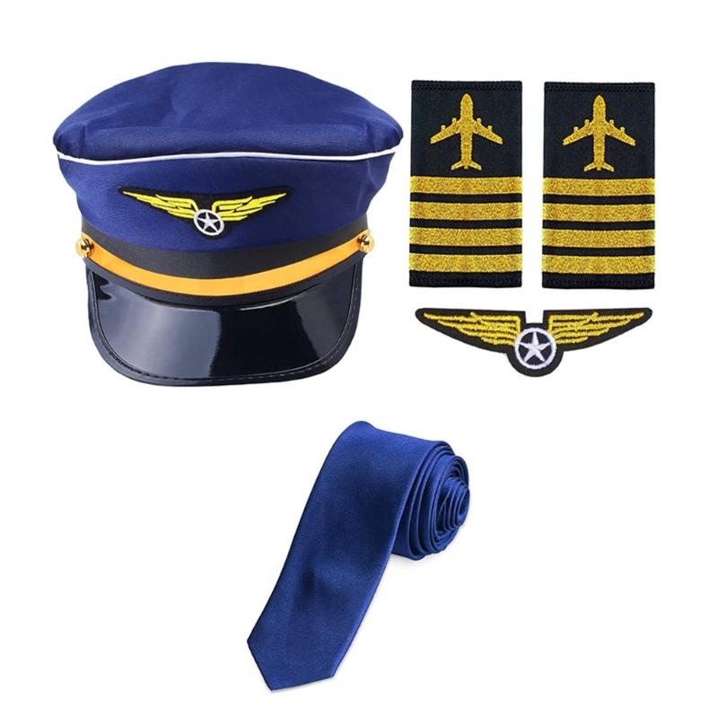 Airline Captain Costume Adult Pilot Cosplay Accessory Uniform Epaulette Hat Neck Tie Flight Attendant Role Play Outfit