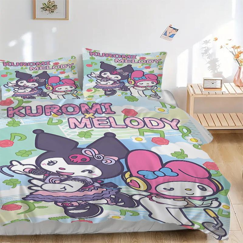 3pcs Musical Adventure Kuromi & Melody Quilt Set - Soft and Comfortable Bedroom, Guest Room and Dorm Decor Bedding Set 1 Quilt Cover + 2 Pil