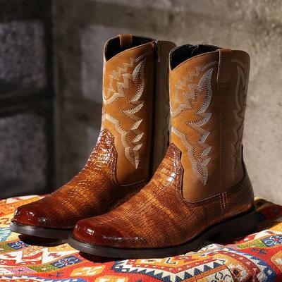 Мужские классические ретро-сапоги для верховой езды Мужские кожаные сапоги с тиснением и вышивкой до середины голени Мужские ковбойские сапоги в стиле вестерн Повседневная обувь с высоким берцем