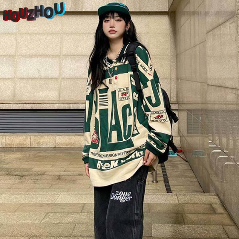 Женская винтажная свободная рубашка-поло свободного размера в стиле хип-хоп с лацканами в стиле Харадзюку для девочек